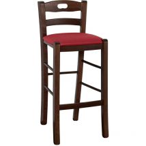 Taburete de madera nogal oscuro con agujero en el respaldo h66 asiento de cuero rojo