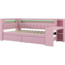 Tagesbett Gepolstert Rosa 90x200 Cm Mit Mdf-holzrahmen, Led-beleuchtung, Usb, Schreibtisch Und 2 Schubladen