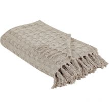 Tagesdecke Taupe Baumwolle 220x200 cm Strukturiert mit Fransen Modern Schlafzimmer Wohnzimmer Sofadecke Überwurf für Sofa Bett Sessel