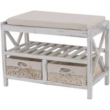 Tagère à chaussures banc banquette avec tiroirs de rangement look shabby vintage 45x65x34cm blanc vieilli 040005158