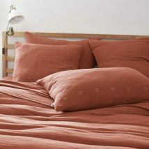 Taie d'oreiller brodée double gaze de coton orange terracotta 50x70 cm