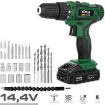 Koma Tools - Taladro Atornillador Batería Lithium-Ion 14.4V 1500mAh Velocidad Variable Portabrocas Automático 10mm Maletín 19Posiciones Luz Led