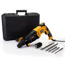 Taladro Percutor Eléctrico JCB SDS Plus 1500W, perforación, impacto y cincelado, mango antivibración, cambio rápido, incluye taladros y cinceles,