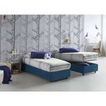 Cama individual Laura, Cama contenedor con revestimiento de tela, 100% Made in Italy, Apertura frontal, adecuado para colchón Cm 90x200, Azul, con