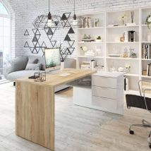 Dimaplast - Bureau réversible avec commode 3 tiroirs, bureau d'étude d'angle, cm 145x108h73, couleur chêne et blanc
