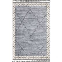 Tapis Salon Bohème Chic Franges Tressées Gris & Bleu (200x200cm)