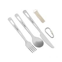LIFCAUSAL Set de couverts en titane léger 3 pièces (cuillère, fourchette, couteau) avec mousqueton et sac à cordon - Idéal camping, randonnée, trek