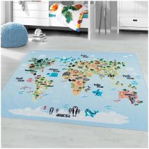 J&kids - Tapis de jeu antidérapant pour fille et garçon World Bleu 100x150