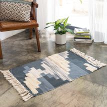 Ensoleille - Tapis de sol en coton et lin à pompons bleus de style méditerranéen Tapis de sol en coton et lin de 60 cm de large lavable en machine