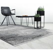 Hellocarpet - Tapis design 3D rayé poils ras avec franges Nath Argenté 160x230