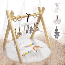 Tapis d'Éveil et d'Activités Douceur Transportable pour bébé en Bois, Coussin et 8 Jouets Amovibles, Ultra-Doux