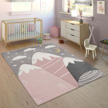 Paco Home Tapis Enfant Tapis Chambre Enfant Fille Garcon Montagne Etoile Nuage Gris Rose 140x200 cm