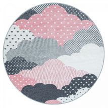 Dezenco - Tapis enfant tissé Ø120cm rose et gris rond cloudy
