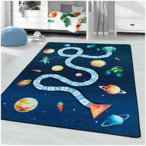 J&kids - Tapis enfant de jeu garçon Astronaute Bleu marine 100x150
