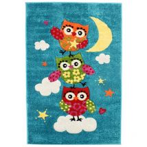 FUJI - Tapis toucher laineux trois petites chouettes bleu 100x150