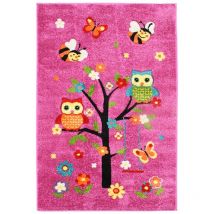 Thedecofactory - chouettes - Tapis toucher laineux chouettes sur un arbre rose 100x150