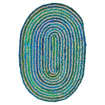 Meubletmoi - Tapis ovale 60 x 90 cm tressage en jute et tissu bleu / vert - clopin