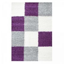 Jadorel - Tapis poils longs shaggy 80x250 violet et gris tissé rectangle motif damier