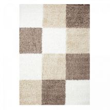 Jadorel - Tapis poils longs shaggy 80x250 beige et marron tissé rectangle motif damier