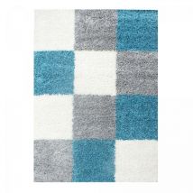 Jadorel - Tapis poils longs shaggy 60x110 bleu ciel et gris tissé rectangle motif damier