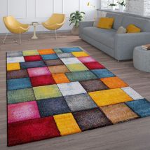 Tappeto a pelo corto per il soggiorno con design a quadri colorato multicolore e vivace 60x110 cm - Paco Home