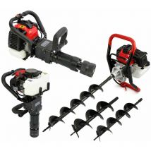 Monster Shop - Tarière Thermique 52cc Foreuse à Essence 3 Forets 82cm avec ø 102, 152, 200 mm & Enfonce Poteaux 32cc 2 Temps 5000 Tours/minute
