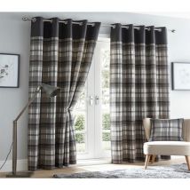Tartan Checked Grey Eyelet Curtains Fully Lined Ready Made Ring Top 66 x 90"