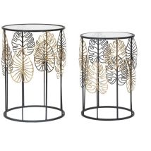 Tavolinetti rotondi eleganti in metallo nero e vetro con decorazioni foglie dorate – 38x55 cm e 33x50 cm – Mauroferretti