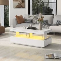 Modfu - Tavolini bassi fissi 100x60x49,5cm tavolino salotto, 2 cassetti, led, truciolato, bianco
