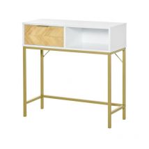 Tavolino consolle design moderno con cassetto in legno bianco e oro
