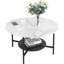 Unho - Tavolino da Salotto Marmo Rotondo Tavolino da caffè per soggiorno Tavolino da Divano con 2 Ripiani, bianco e nero, 80cm