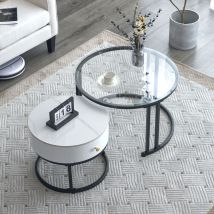 Wishdor - Set di 2 tavolini da caffè rotondi bianchi impilabili, piano in marmo ardesia e vetro, con cassetti in legno massello