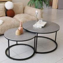 Set 2 Tavolino da Caffè Marmo Tavolino da Salotto Rotondo Grigio 80cm 60cm