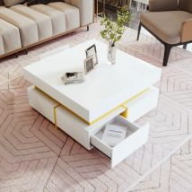 Hauss Spole - Tavolino lucido con 2 cassetti, tavolino da salotto, tavolino d'appoint con bordo dorato, 70x70x35.5cm, bianco