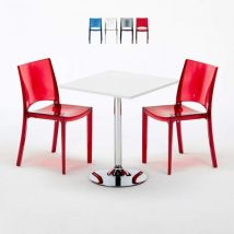 Tavolino Quadrato Bianco 70x70 cm con 2 Sedie Colorate Trasparenti B-Side Demon Colore: Trasparente Rosso