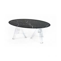 Tavolo Marmo Nero Marquina Ovale 180x115 Ometto - Base Trasparente