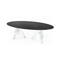 Tavolo Marmo Nero Marquina Ovale 230x115 Ometto - Base Trasparente