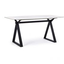Table blanche en acier et verre effet marbre style design 160x90 cm