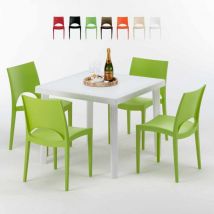 Tavolino Quadrato Bianco 90x90 cm con 4 Sedie Colorate Paris Love Colore: Verde 2