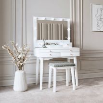 Taylor White Dressing Table with Large Hollywood Mirror LED Lights Touch Sensor Makeup Vanity Table Organiser Glass Tabletop Storage 4 Drawers Stool