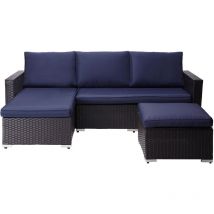 All'aperto Mobili da Giardino, Set Divano Componibile 3 Pezzi Rattan Vimini Patio con Divanetto, Chaise Lounge, Tavolo e Cuscini, Marrone/Blu