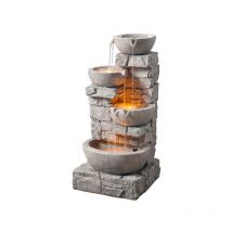 Teamson Home - Cascading Bowls & Stacked Stone Outdoor Water Fountain with led Light, Grey