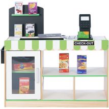 Teamson Kids - Caja Registradora Interactiva Austin con 26 Accesorios, Verde/Blanco/Madera Natural