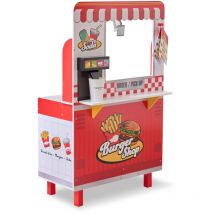 Flip & Fry Burger Shop Wooden Playset in Red with Grill, Fryer, Drinks Station & 29 Accessories, Encourages Social Skills & Creativity - Teamson Kids