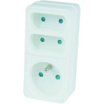 Tec Hit 250305 - Triplite 1 Prise X 16ampères + 2 Prises X 6 Ampères - Fiche Multiple Façade - Blanc