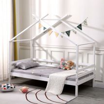 Teddy kids wooden house treehouse single bed frame White with Mattress - White