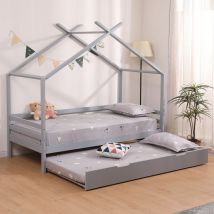 Slumberworx - teddy kids wooden house treehouse single bed with guest trundle bed Grey with 2 x Mattresses - Grey