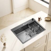 TEENO Évier de Cuisine en Acier Inoxydable68x45x19CM avec Distributeur de Savon et Panier Télescopique, Noir