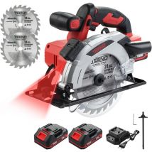 Scie circulaire laser sans fil,frein électrique,20v 2 x 2.0 ah batteries, 2X165mm lames, 4000 RPM,profondeur et angle de coupe réglables jusqu'à 38mm