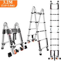 Stoex - Teleskopleiter 3,2m Aluminium Leiter mit 2 Rädern (1,6m + 1,6m), Multifunktions-Klappleiter für 150 kg, Schwarz-Silber